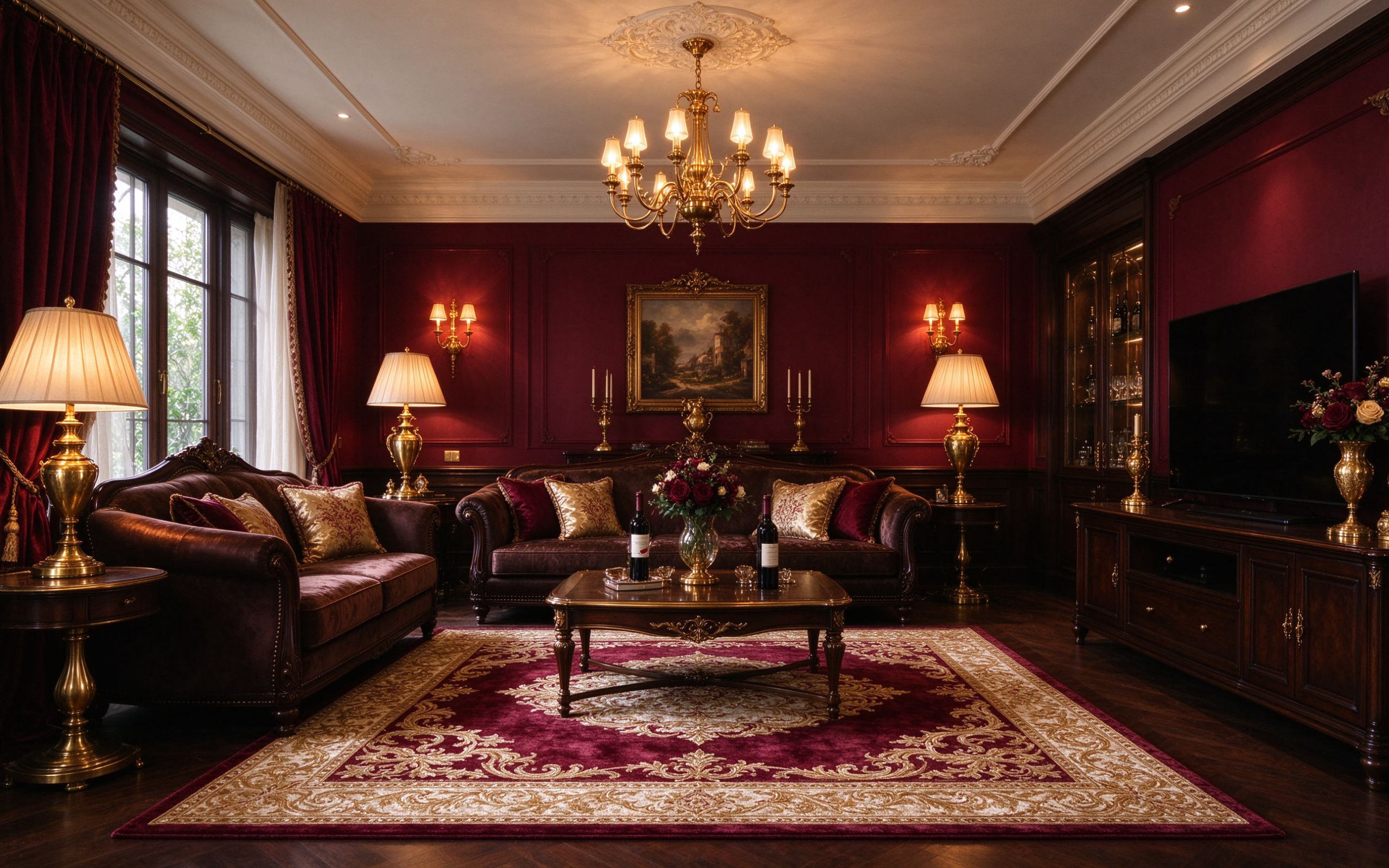 Burgundy living room with gold pattern rug